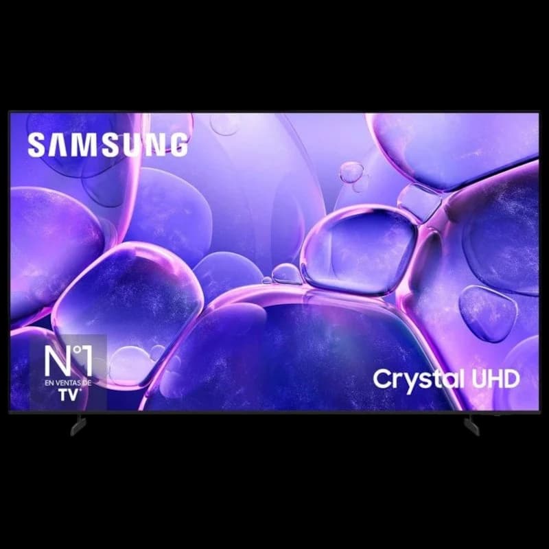 Samsung TU75U8005FU 75" 4K UHD: grand écran fin, bords ultra-minces, pieds discrets, affichage Crystal UHD aux tons violets, Smart TV avec Wi‑Fi intégré.