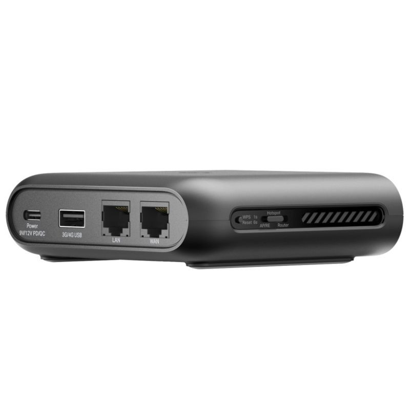 TP-Link TL-WR1502X en negro, diseño compacto con rejilla frontal amplia y luz LED central turquesa, bordes redondeados y acabado mate elegante - Ítem1