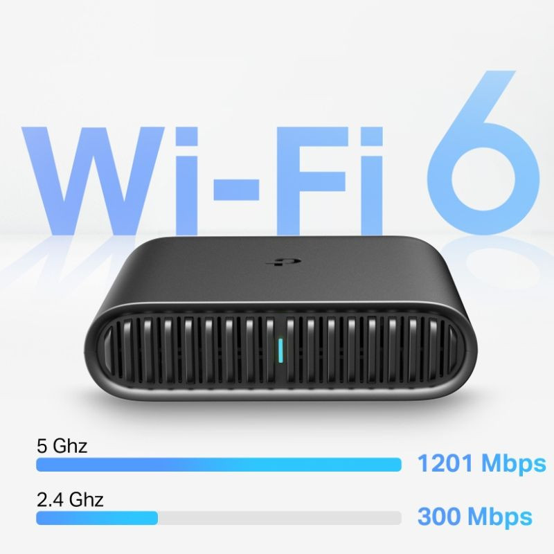 TP-Link TL-WR1502X en negro, diseño compacto con rejilla frontal amplia y luz LED central turquesa, bordes redondeados y acabado mate elegante - Ítem2