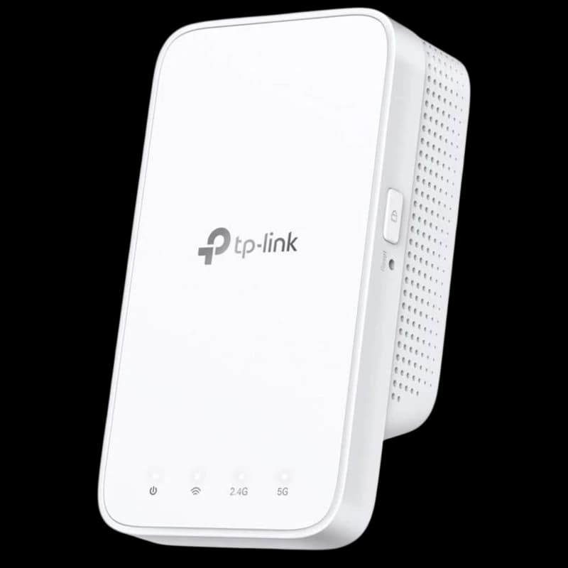 TP-Link RE300 Extendeur WiFi AC1200 blanc, boîtier compact mural, LED pour signal 2.4G/5G, grille latérale d’aération, bouton WPS et interrupteur latéral.