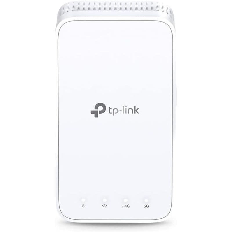 Extenseur WiFi blanc compact TP-Link RE300 AC1200, façade lisse avec logo, voyants LED pour alimentation, WiFi, 2,4G et 5G; bords arrondis, aérations