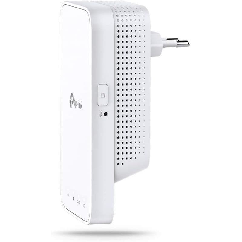 TP-Link RE300 Extendeur WiFi AC1200 blanc, compact à prise murale, boîtier perforé pour ventilation, boutons WPS/Reset, voyants LED d’état en façade.