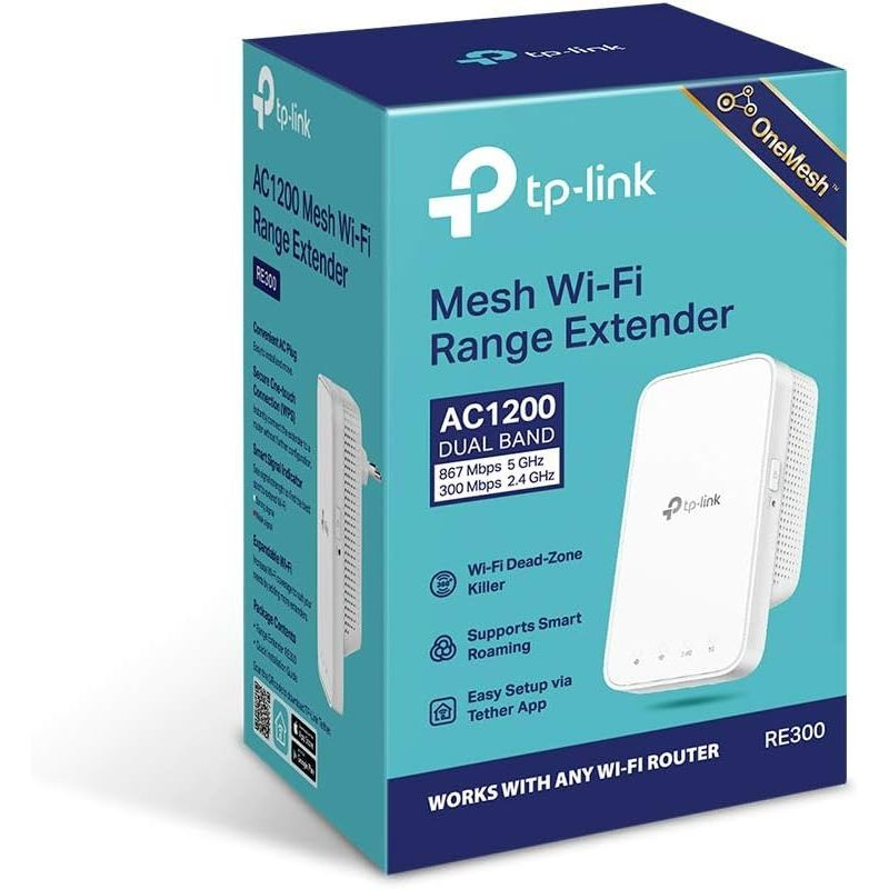 TP-Link RE300 Extendeur WiFi AC1200 blanc, boîtier compact mural, LED pour signal 2.4G/5G, grille latérale d’aération, bouton WPS et interrupteur latéral. - Ítem3