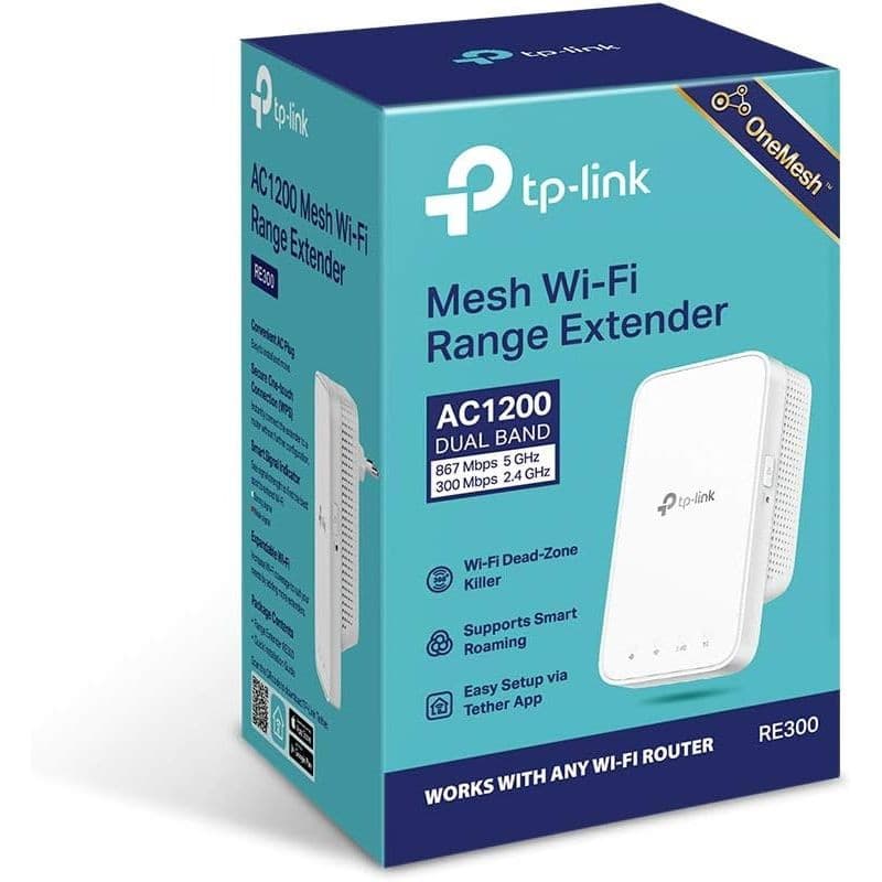 TP-Link RE300 Extendeur WiFi AC1200 blanc, boîtier compact vertical, voyants LED frontaux, logo tp-link, mention OneMesh, double bande 2,4/5 GHz.