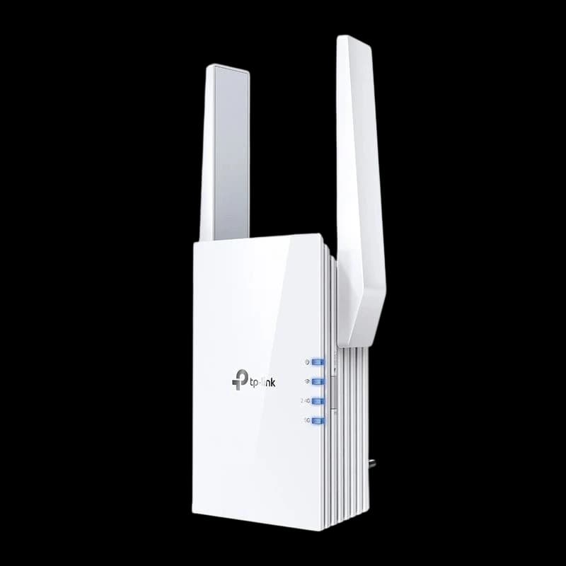 TP-Link RE505X Wi‑Fi 6 AX1500 blanc, répéteur compact avec deux antennes verticales, voyants LED latéraux bleus, finition brillante, prise murale