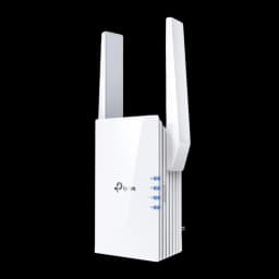 TP-Link RE505X Wi‑Fi 6 AX1500 blanc, répéteur compact avec deux antennes verticales, voyants LED latéraux bleus, finition brillante, prise murale