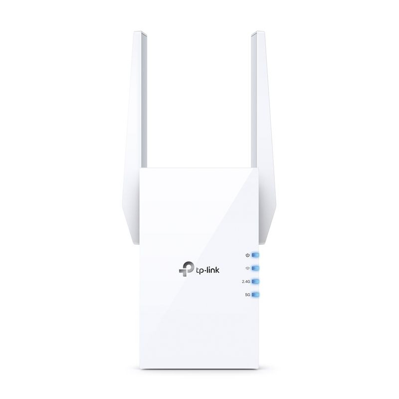 TP-Link RE505X Wi‑Fi 6 AX1500 blanc, répéteur compact avec deux antennes verticales, voyants LED latéraux bleus, finition brillante, prise murale - Ítem1