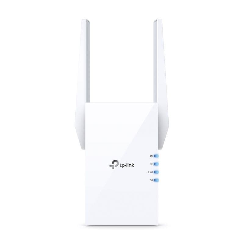 TP-Link RE505X Wi‑Fi 6 AX1500 blanc, répéteur mural avec deux antennes externes, voyants LED 2.4G/5G, design compact et port Ethernet latéral.