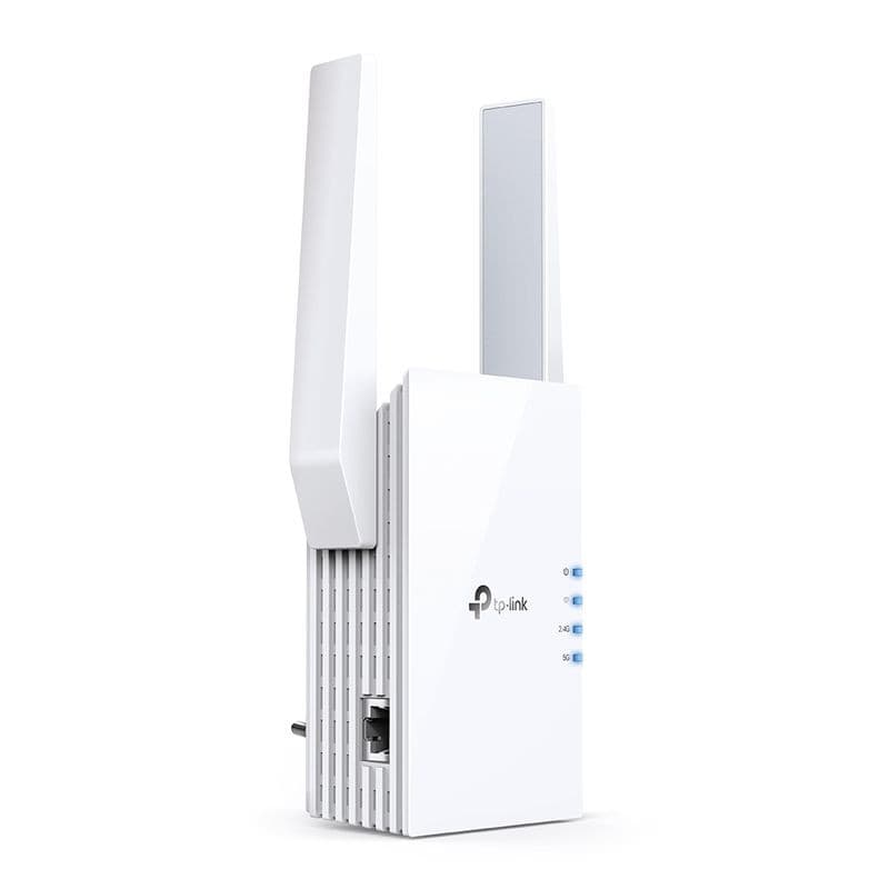 Répéteur TP-Link RE505X blanc, deux antennes externes, voyants LED, prise murale et port Ethernet. Design vertical compact pour Wi‑Fi 6 AX1500.