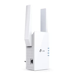 Répéteur TP-Link RE505X blanc, deux antennes externes, voyants LED, prise murale et port Ethernet. Design vertical compact pour Wi‑Fi 6 AX1500.