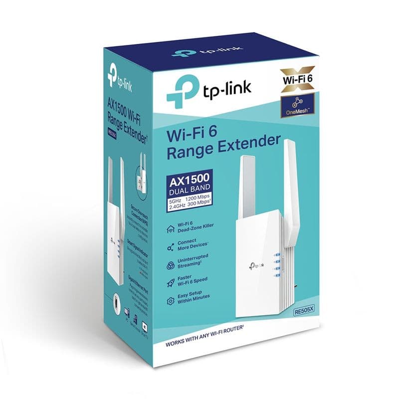 TP-Link RE505X Wi‑Fi 6 AX1500 blanc, répéteur double bande avec deux antennes, ports latéraux et LED frontales; boîte bleue avec logos OneMesh et Wi‑Fi