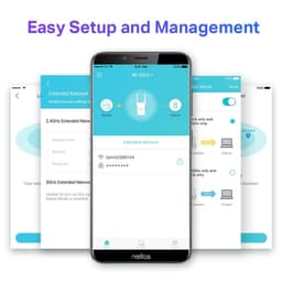 Écran de smartphone affichant l’app TP-Link: interface du répéteur RE505X Wi‑Fi 6 AX1500 blanc, état du réseau étendu, clients connectés et modes