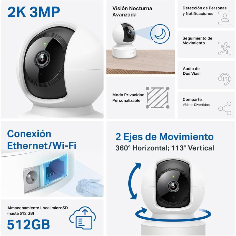 Cámara TP-Link Tapo C212 blanca, 2K 3MP, cuerpo esférico con lente central, LED de estado, base estable; giro e inclinación, visión nocturna e IA. - Ítem2