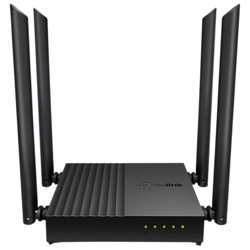 Router TP-Link Archer C64 negro con cuatro antenas externas ajustables, cuerpo mate con rejillas laterales y LEDs frontales de estado para Wi‑Fi y Ethernet. - Ítem