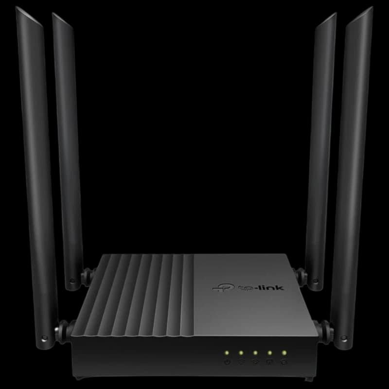 Router TP-Link Archer C64 negro con cuatro antenas externas ajustables, cuerpo mate con rejillas laterales y LEDs frontales de estado para Wi‑Fi y Ethernet.