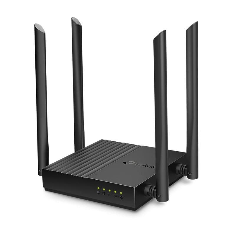 Router TP-Link Archer C64 negro con cuatro antenas externas, cuerpo compacto con ranuras superiores y LEDs frontales de estado para Wi‑Fi y Ethernet.