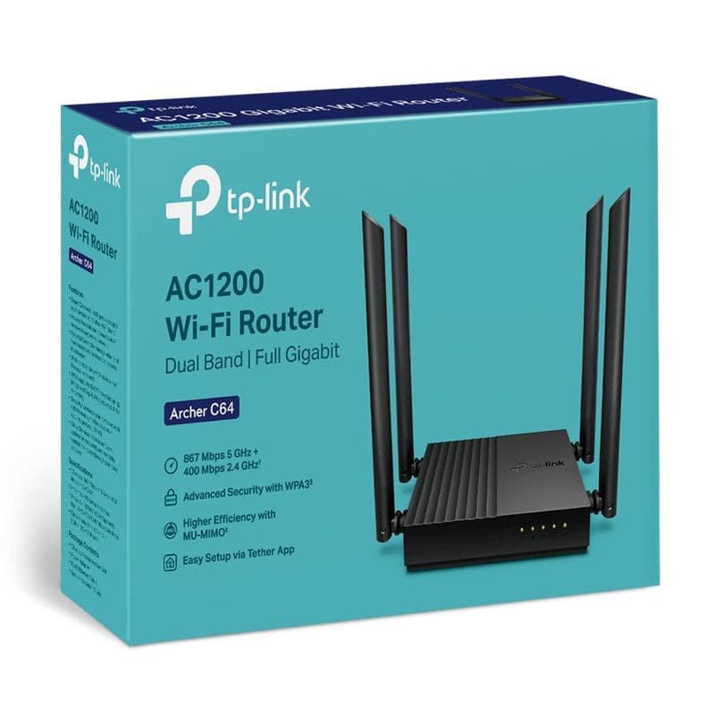 Router TP-Link Archer C64 negro, doble banda AC1200, cuatro antenas externas, puertos Ethernet gigabit, diseño compacto con indicadores LED frontales.