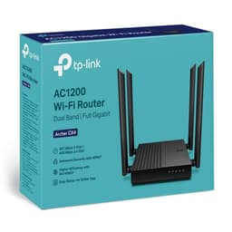 Router TP-Link Archer C64 negro, doble banda AC1200, cuatro antenas externas, puertos Ethernet gigabit, diseño compacto con indicadores LED frontales.