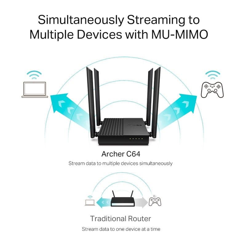 TP-Link Archer C64 Ethernet Wi‑Fi Dual negro con 4 antenas externas; MU-MIMO para transmitir a múltiples dispositivos simultáneamente; diseño compacto