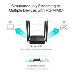 TP-Link Archer C64 Ethernet Wi‑Fi Dual negro con 4 antenas externas; MU-MIMO para transmitir a múltiples dispositivos simultáneamente; diseño compacto