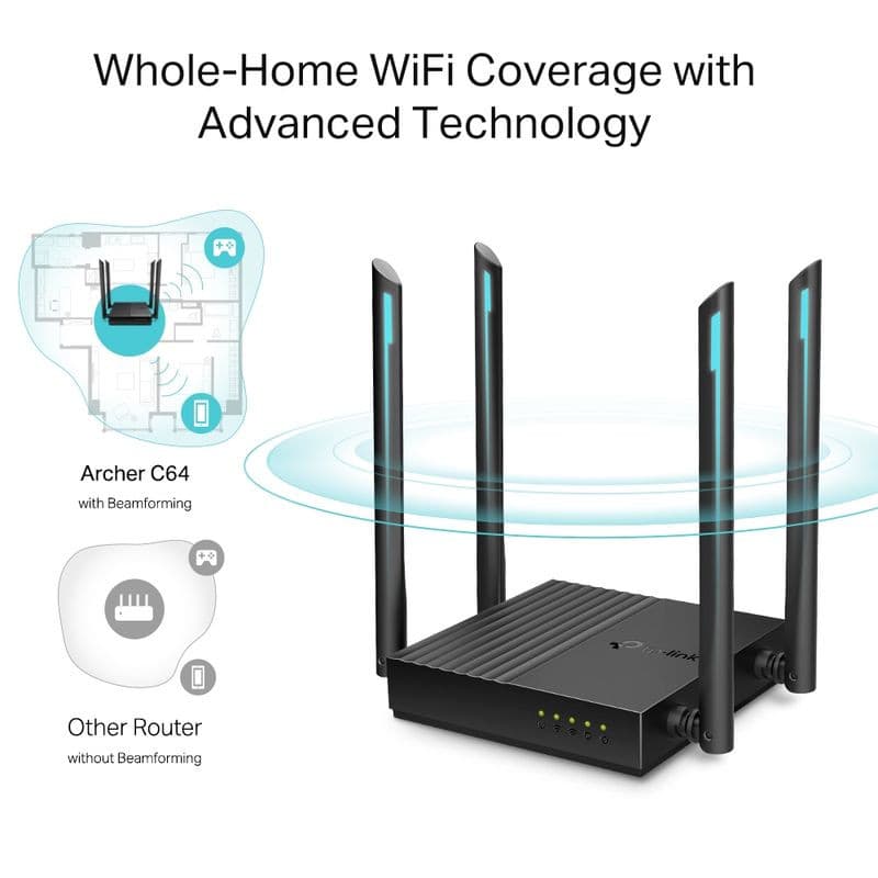 TP-Link Archer C64 Ethernet Wi‑Fi Dual negro con 4 antenas altas, luces LED frontales y diseño compacto; cobertura amplia y tecnología beamforming.