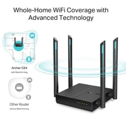 TP-Link Archer C64 Ethernet Wi‑Fi Dual negro con 4 antenas altas, luces LED frontales y diseño compacto; cobertura amplia y tecnología beamforming.