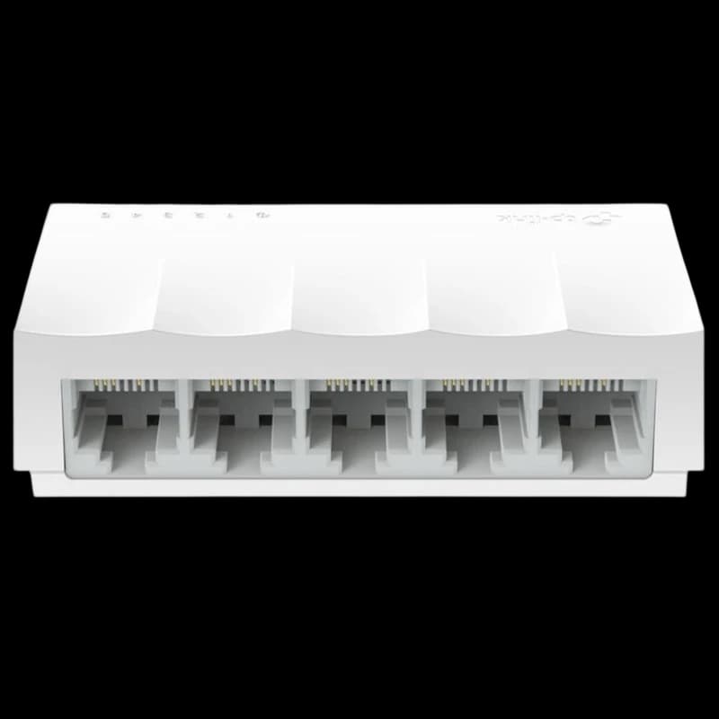 TP-Link LS1005 blanc, commutateur 10/100 à 5 ports RJ45 en façade, compact, boîtier plastique mat, voyants LED discrets sur le dessus.