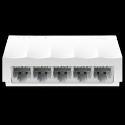 TP-Link LS1005 blanc, commutateur 10/100 à 5 ports RJ45 en façade, compact, boîtier plastique mat, voyants LED discrets sur le dessus.