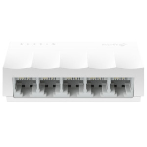 Switch TP-Link LS1005 blanco, 5 puertos Fast Ethernet 10/100. Diseño compacto de escritorio, carcasa blanca mate con LEDs superiores y ventilación discreta.