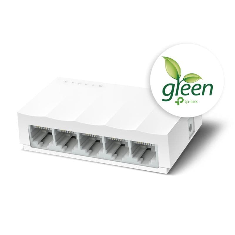 TP-Link LS1005, switch Ethernet 10/100 blanc, compact. Boîtier à 5 ports RJ45 alignés, LED discrètes, design épuré, logo vert “Gleen” en médaillon.