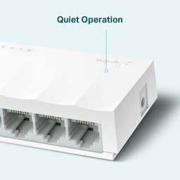 TP-Link LS1005 blanc, commutateur 10/100: boîtier compact, 5 ports RJ45 alignés, LED discrètes, fonctionnement silencieux, design épuré de bureau.