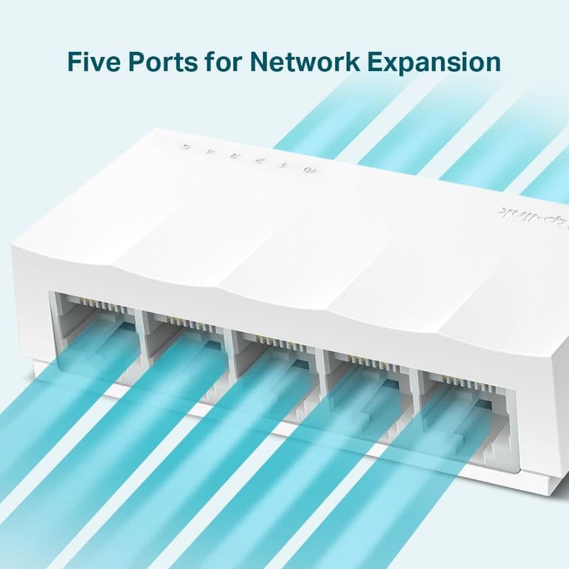 TP-Link LS1005 blanc, commutateur de bureau 10/100 avec 5 ports RJ45 alignés, design compact et épuré, voyants LED discrets pour l’état de connexion.