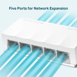 TP-Link LS1005 blanc, commutateur de bureau 10/100 avec 5 ports RJ45 alignés, design compact et épuré, voyants LED discrets pour l’état de connexion.