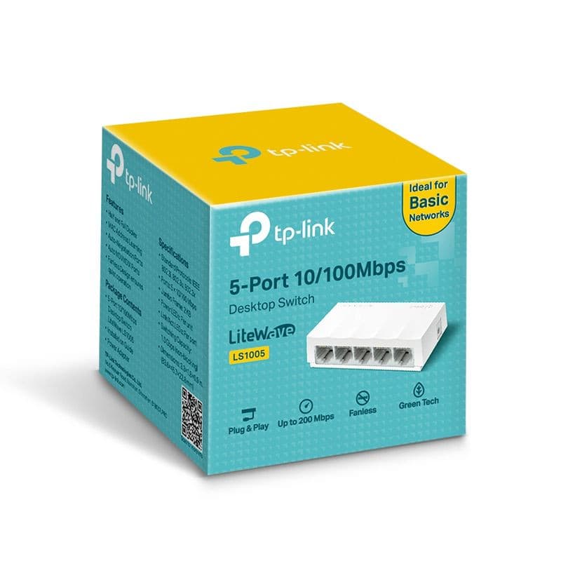 Boîte TP-Link LS1005, commutateur de bureau blanc 5 ports Fast Ethernet 10/100, design compact, sans ventilateur, plug & play, couleur turquoise.