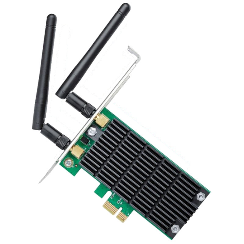 Carte PCIe verte avec grand dissipateur noir et deux antennes Wi‑Fi orientables; équerre métallique low-profile incluse pour adaptation au boîtier. - Ítem
