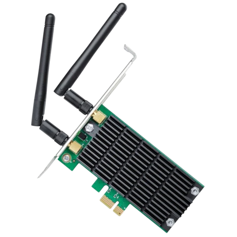 TP-Link Archer T4E WiFi Dual - Adaptador PCI Express con dos antenas externas ajustables y disipador negro en tarjeta verde, interfaz PCIe x1. - Ítem