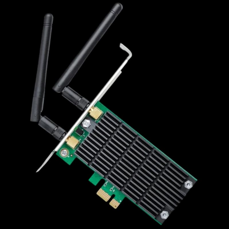 TP-Link Archer T4E WiFi Dual – placa PCIe com duas antenas destacáveis e dissipador preto, conector de baixo perfil para desktop.