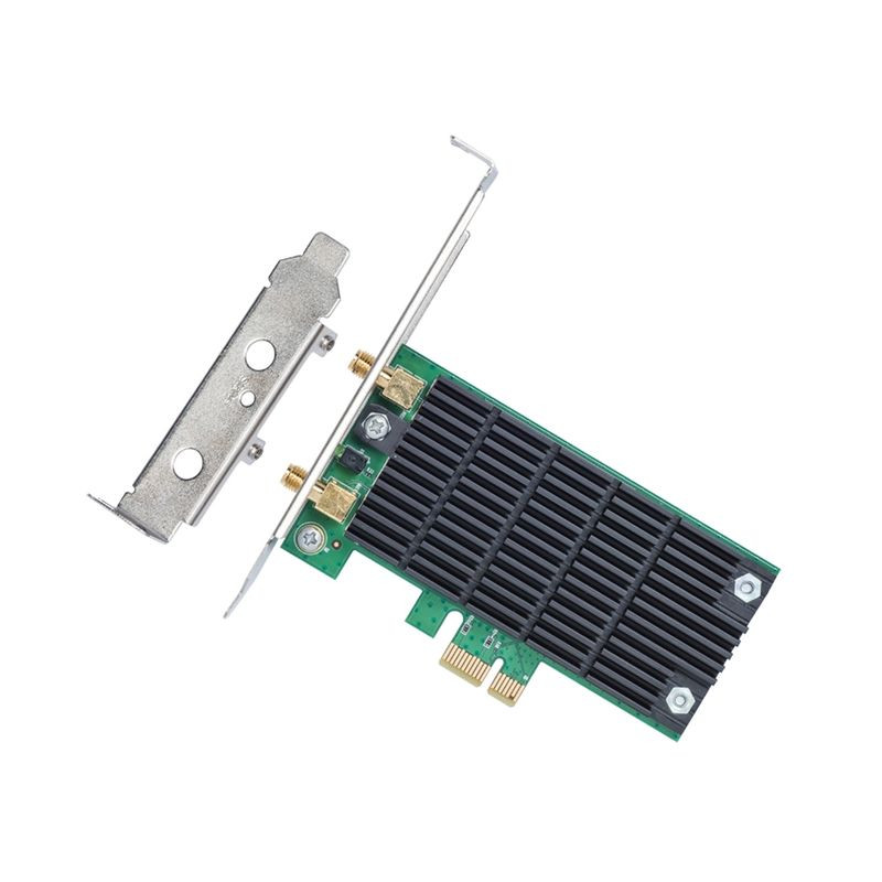 Carte PCIe verte avec grand dissipateur noir et deux antennes Wi‑Fi orientables; équerre métallique low-profile incluse pour adaptation au boîtier. - Ítem1