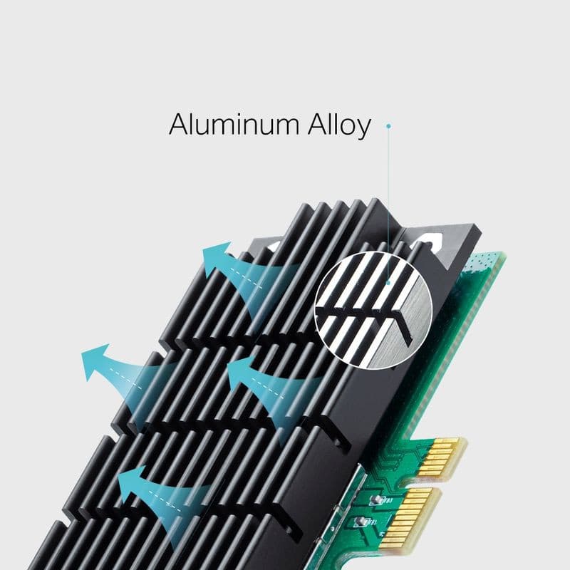 Dissipador em liga de alumínio com aletas e ventilação ativa no TP-Link Archer T4E WiFi Dual – Adaptador PCI Express, destacando resfriamento eficiente.