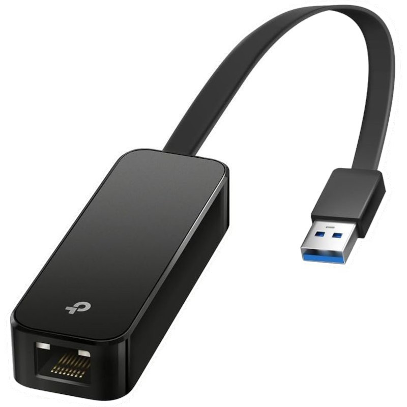 TP-Link UE306 – Adaptateur compact noir avec câble court, port RJ45 Gigabit et connecteur USB 3.0 bleu, finition brillante, logo TP-Link discret. - Ítem