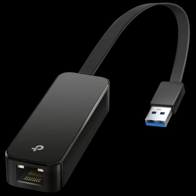 Adaptador TP-Link UE306 preto com cabo curto, conector USB 3.0 azul e porta RJ45 Gigabit; design compacto e acabamento brilhante.