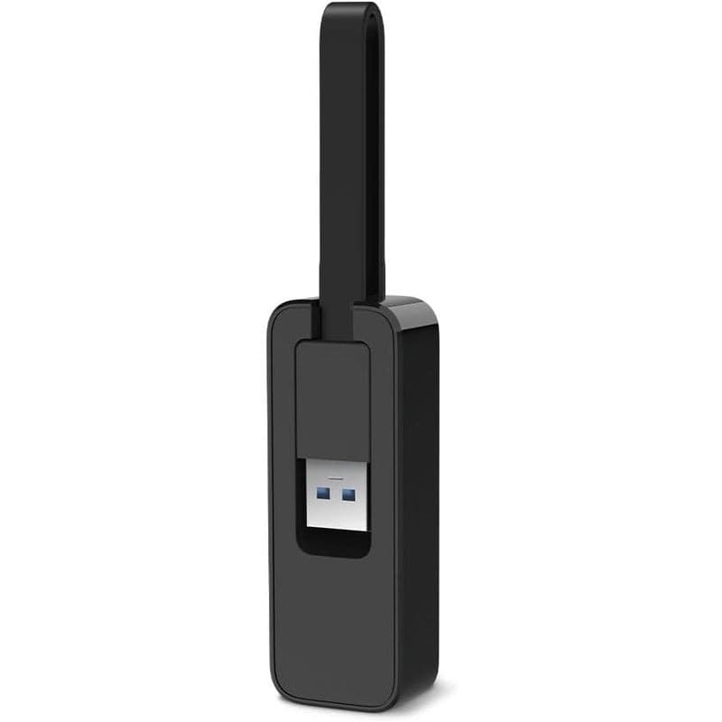 TP-Link UE306: adaptador compacto preto com conector USB 3.0 retrátil e porta Ethernet Gigabit; design portátil com loop para transporte.