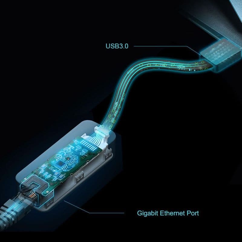 Adaptador TP-Link UE306 USB 3.0 para Ethernet Gigabit, design compacto. Cabo USB iluminado destaca circuito interno e porta RJ45 indicada. Ideal para PCs.