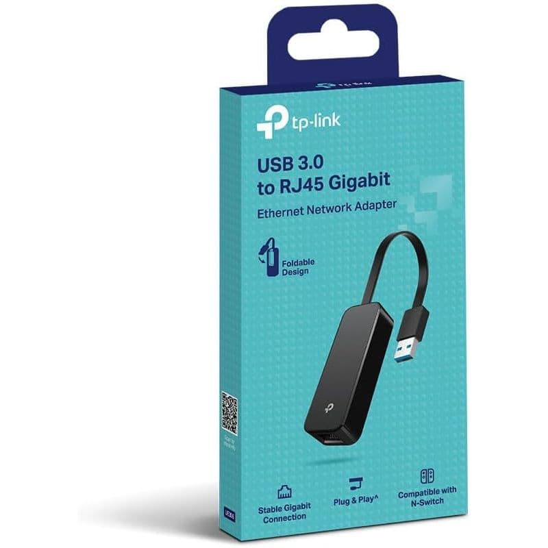 Adaptador TP-Link UE306 USB 3.0 para RJ45 Gigabit, design dobrável, cabo curto e conector azul; promete conexão estável, Plug & Play e compatível com