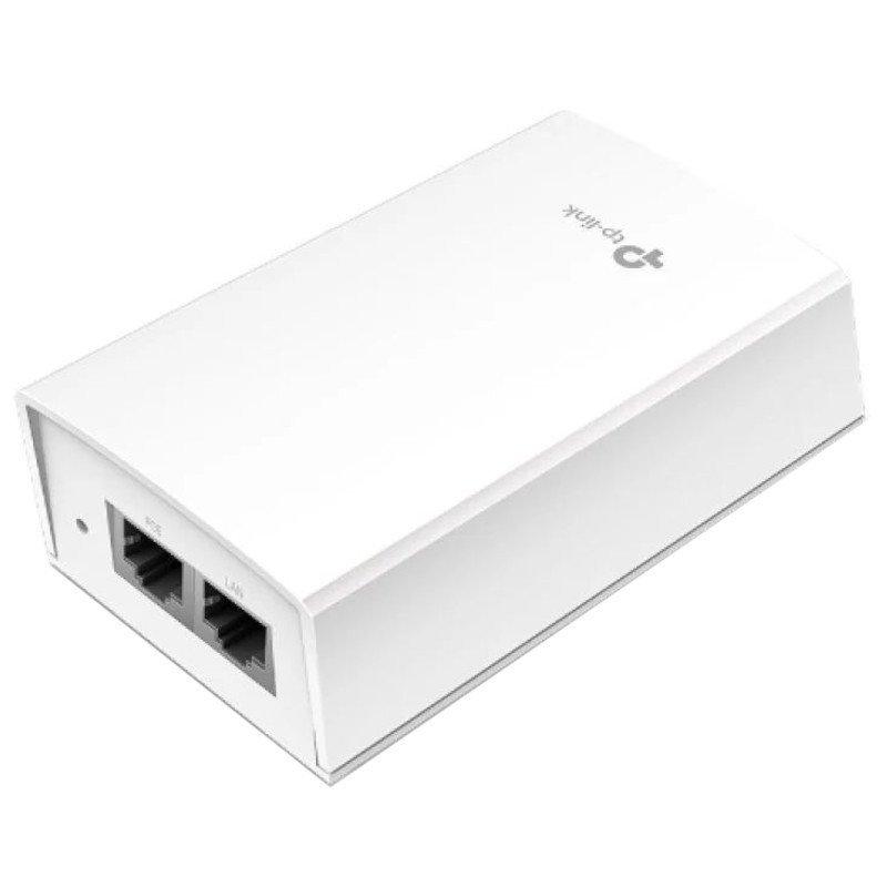 Adaptador PoE passivo TP-Link branco, formato compacto, com duas portas RJ45 (PoE e LAN) na lateral; acabamento fosco e logo TP-Link no topo. - Item