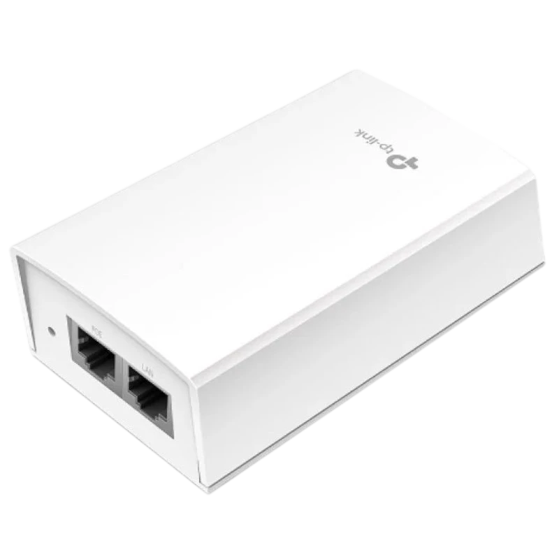 Adaptador PoE passivo TP-Link branco, formato compacto, com duas portas RJ45 (PoE e LAN) na lateral; acabamento fosco e logo TP-Link no topo. - Item