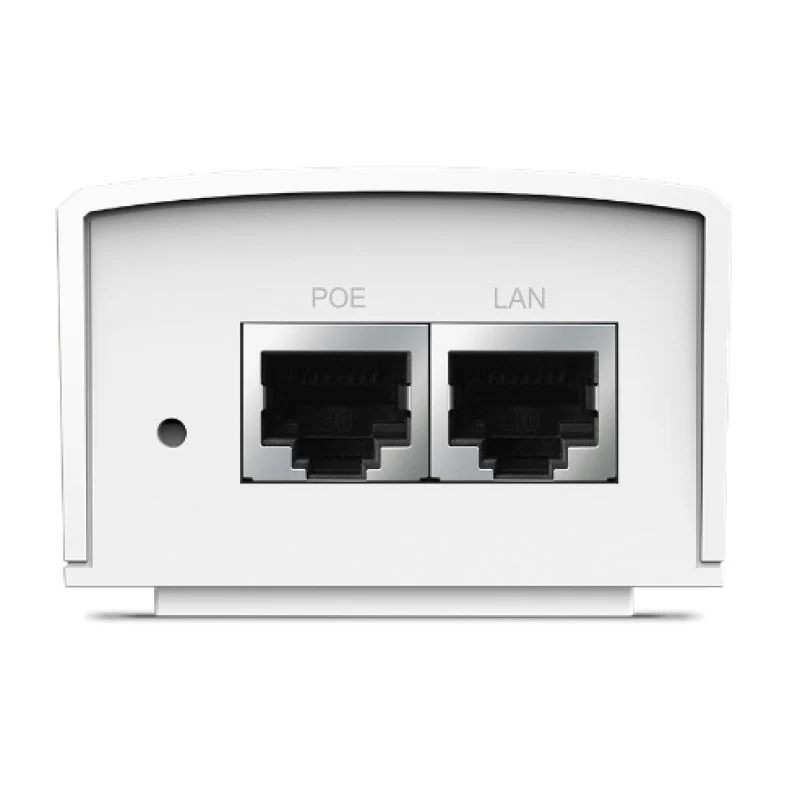 Adaptador PoE passivo TP-Link branco, formato compacto, com duas portas RJ45 (PoE e LAN) na lateral; acabamento fosco e logo TP-Link no topo. - Item2