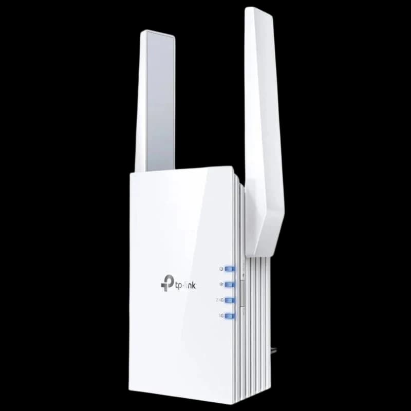 Répéteur TP-Link RE605X blanc avec deux antennes externes, voyants LED latéraux et port Gigabit Ethernet, design vertical compact pour extension Wi‑Fi.