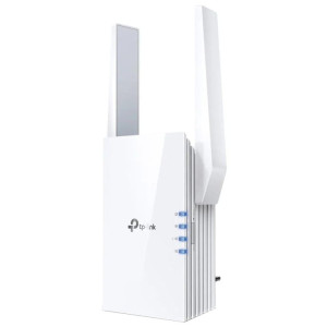 Répéteur TP-Link RE605X blanc avec deux antennes externes, voyants LED latéraux et port Gigabit Ethernet, design vertical compact pour extension Wi‑Fi.