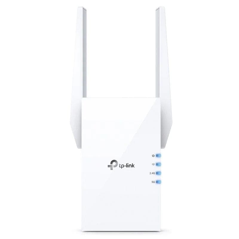 TP-Link RE605X blanc avec deux antennes externes, LED d’état 2.4G/5G et port Gigabit. Boîtier compact mural, design épuré pour répéter le Wi-Fi.